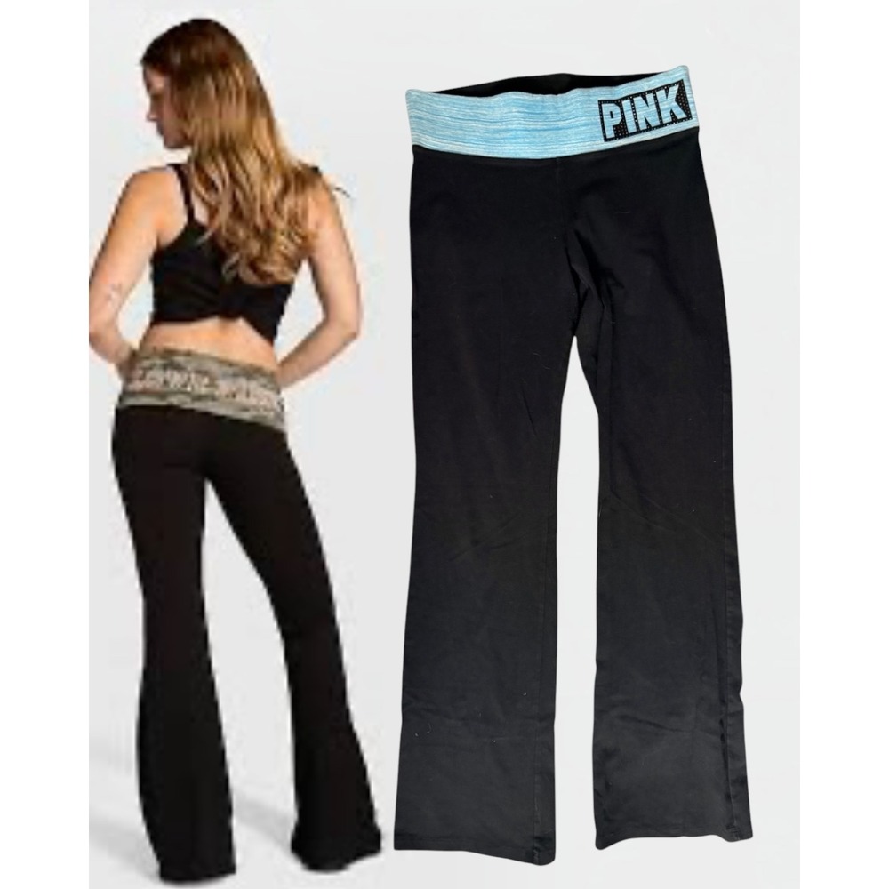 PINK Victoria Secret Yoga Pants Foldover Flare Aqua Blue Black Medium